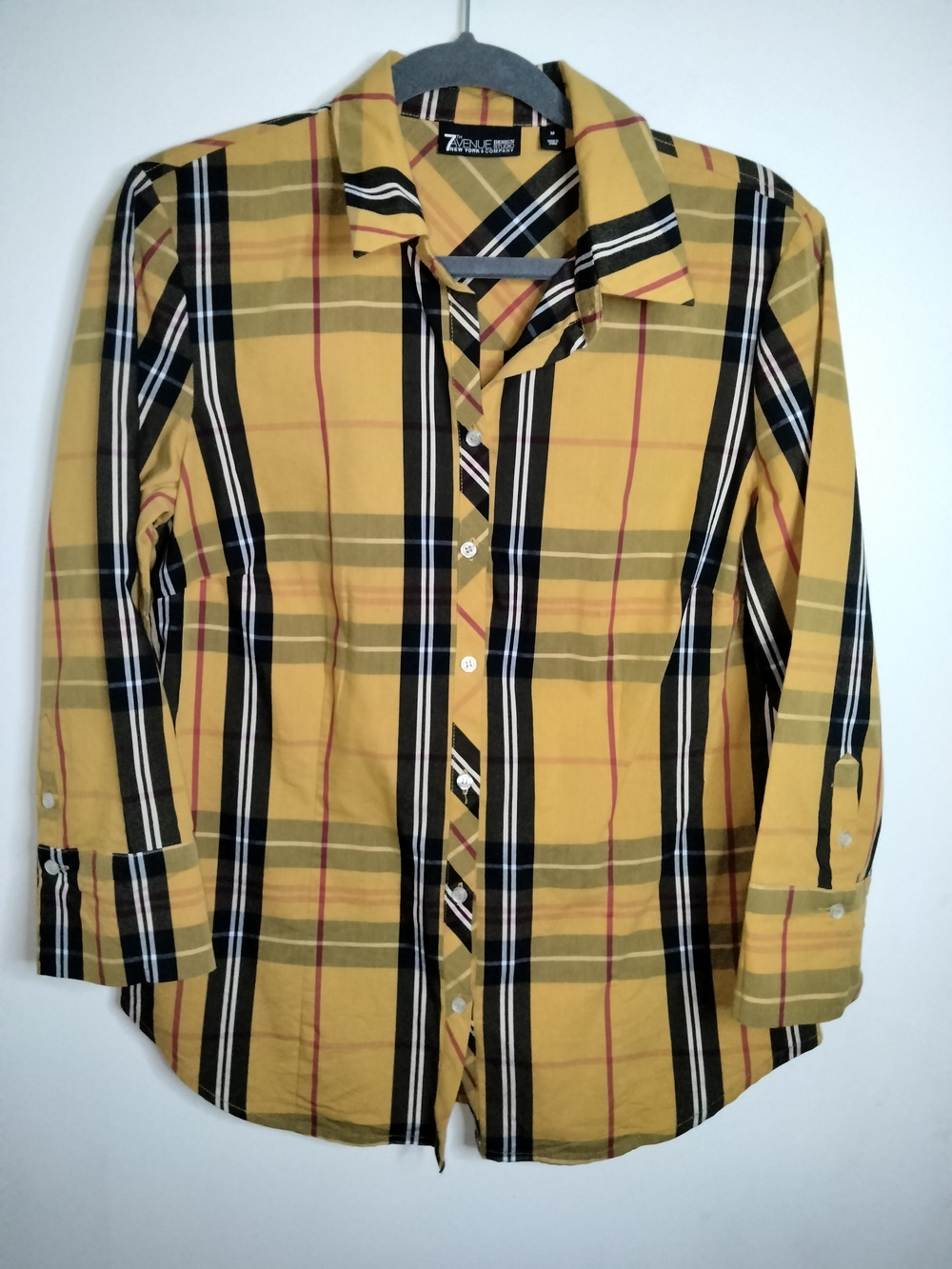 New York & Company -Sz M- Plaid Cotton Blend Button-Down 3/4 Sleeves Shirt